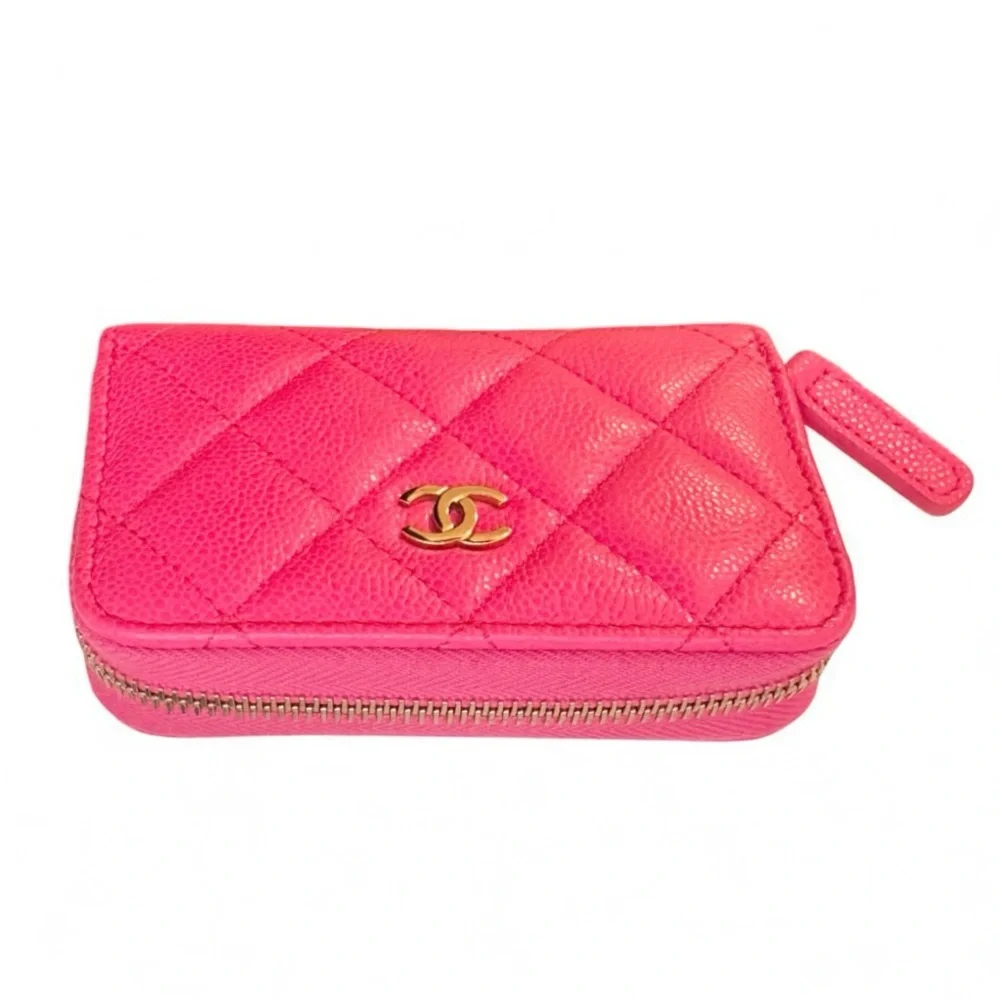 💗CHANEL Zip Coin Purse Wallet Quilted Hot Pink CAVIAR CC Logo Gold-Tone Hardware
